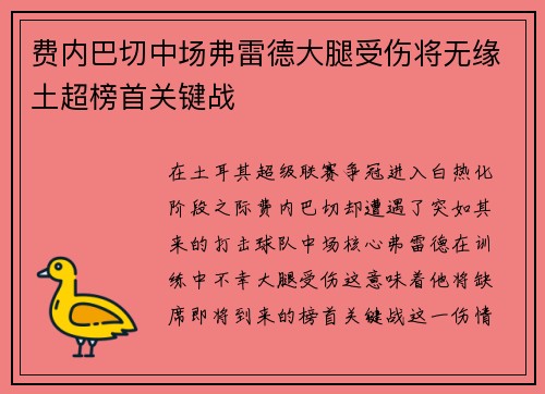 费内巴切中场弗雷德大腿受伤将无缘土超榜首关键战 费内巴切中场弗雷德大腿受伤将无缘土超榜首关键战